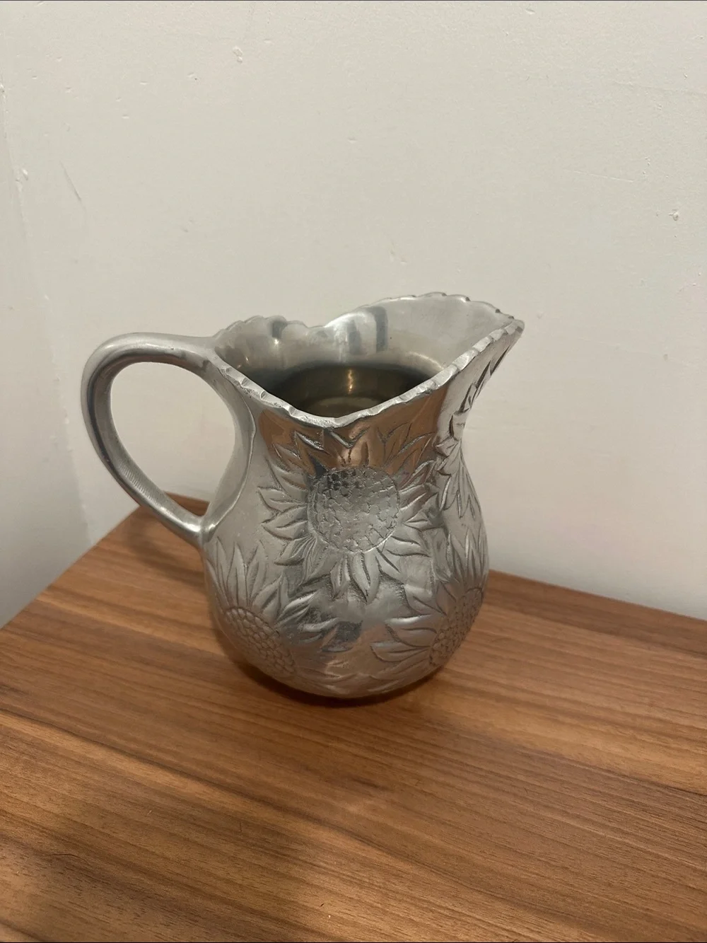 Embossed Sunflower Pitcher - Silver Metal Decorative Vase
